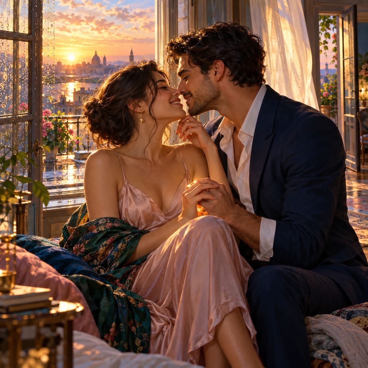 Una pareja sonríe tomada de las manos junto a una ventana, bajo la luz cálida del amanecer