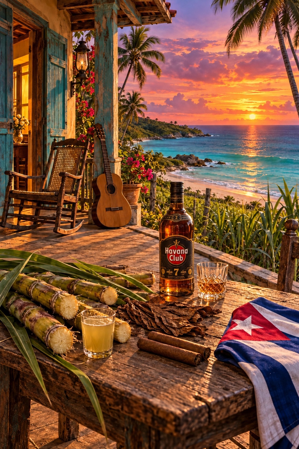 Una terraza junto al mar al atardecer con una mecedora, una guitarra, caña de azúcar y una bandera cubana