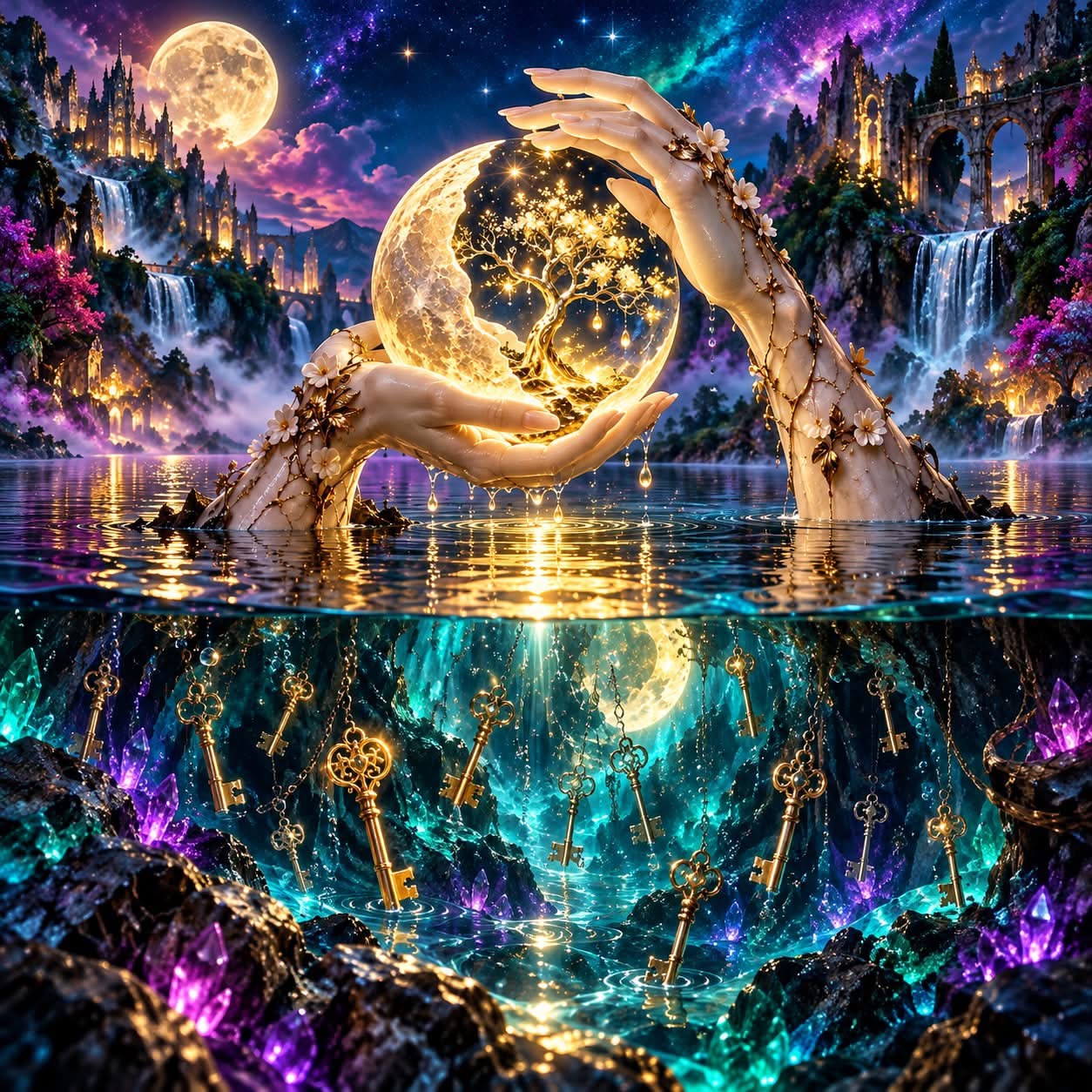 Manos sosteniendo una luna dorada con un árbol luminoso, entre cascadas, estrellas y cristales violetas