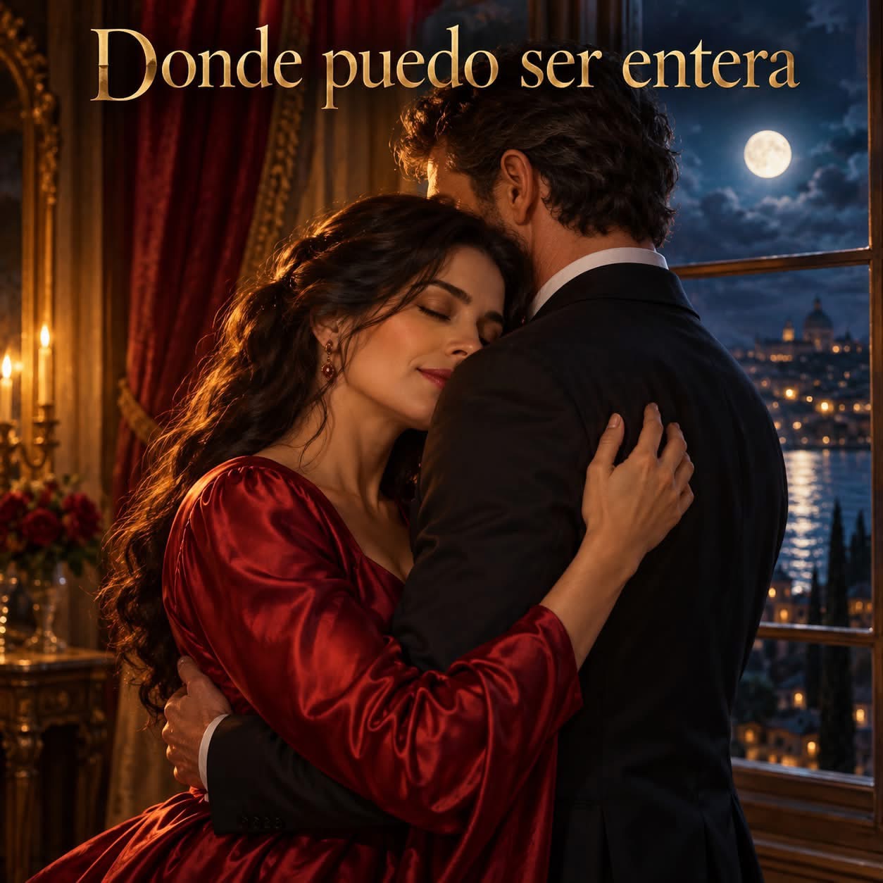 Una mujer vestida de rojo abraza a un hombre junto a una ventana iluminada por la luna