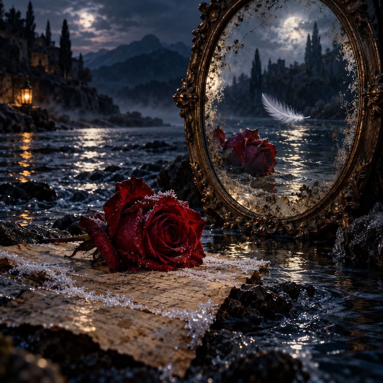 Una rosa roja cubierta de escarcha sobre un manuscrito junto a un espejo antiguo y agua bajo la luz de la luna