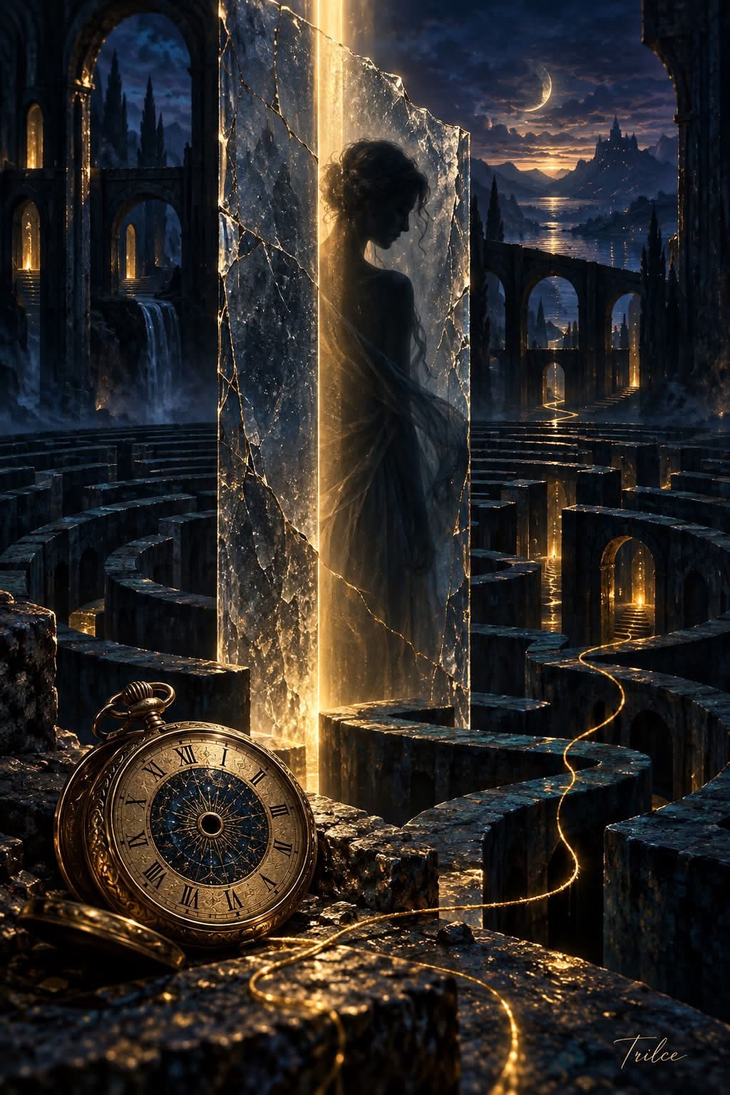 Una figura tras un cristal agrietado en un laberinto nocturno, con un reloj y un hilo dorado de luz