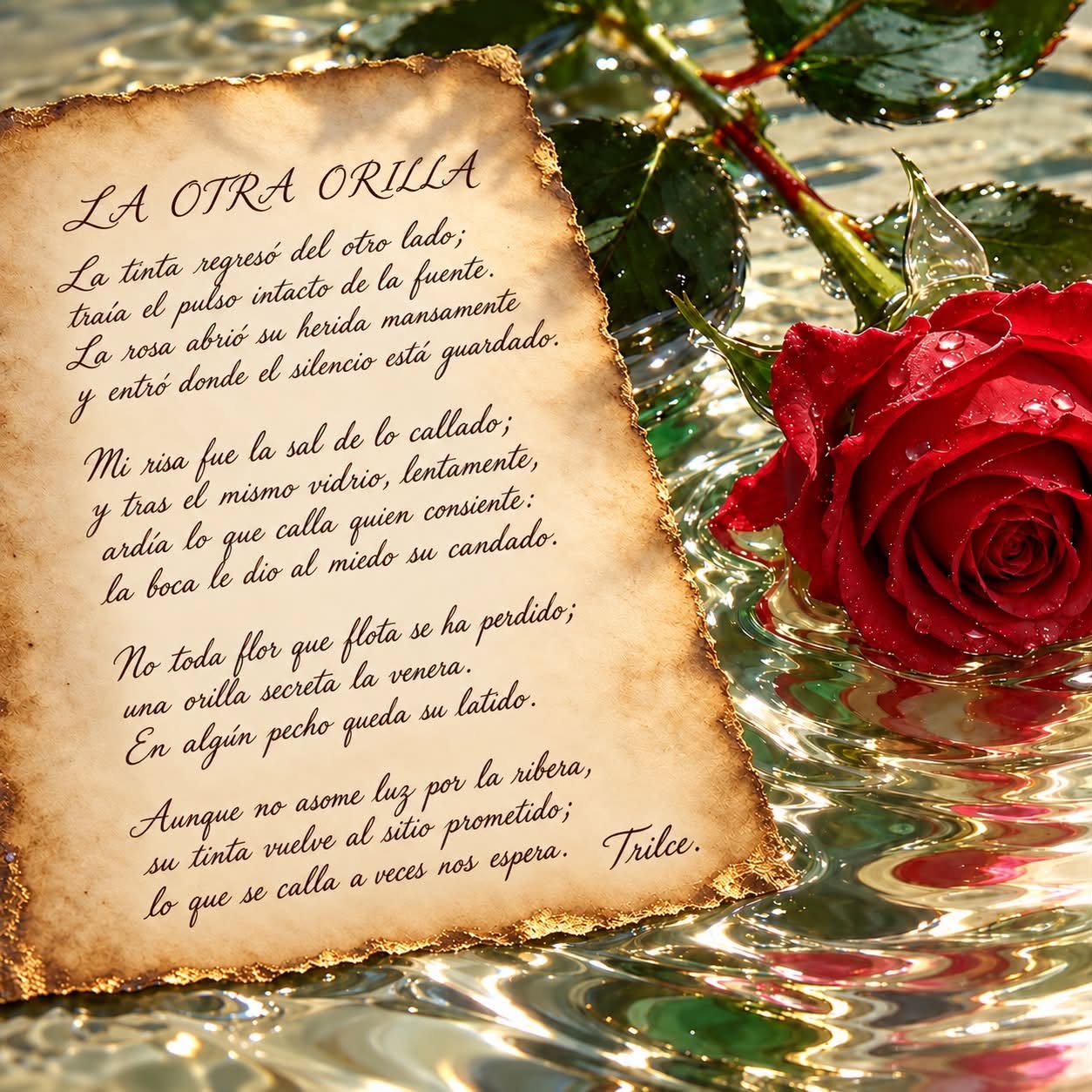 Rosa roja sobre el agua junto al poema La otra orilla escrito en un pergamino
