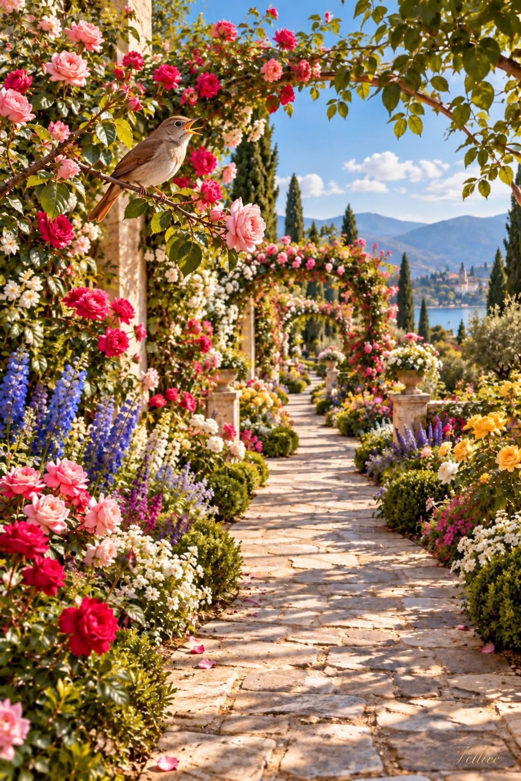 Un ruiseñor canta entre rosas sobre un sendero de jardín florido, con montañas y agua al fondo