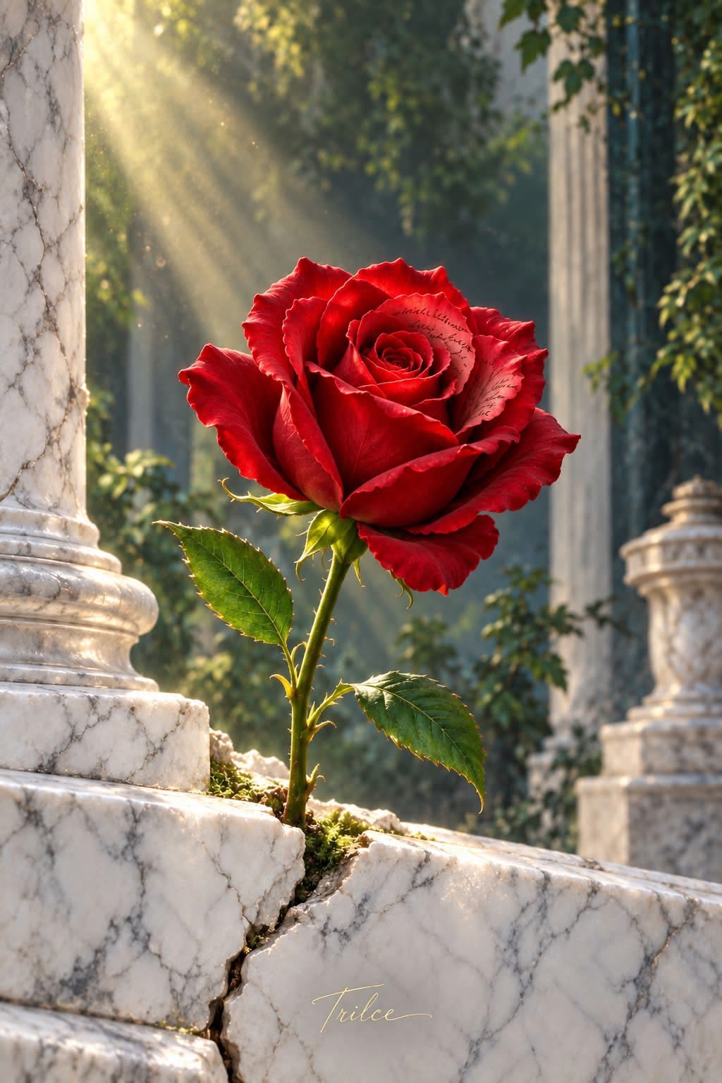 Una rosa roja con letras en sus pétalos crece entre grietas de mármol blanco iluminadas por el sol
