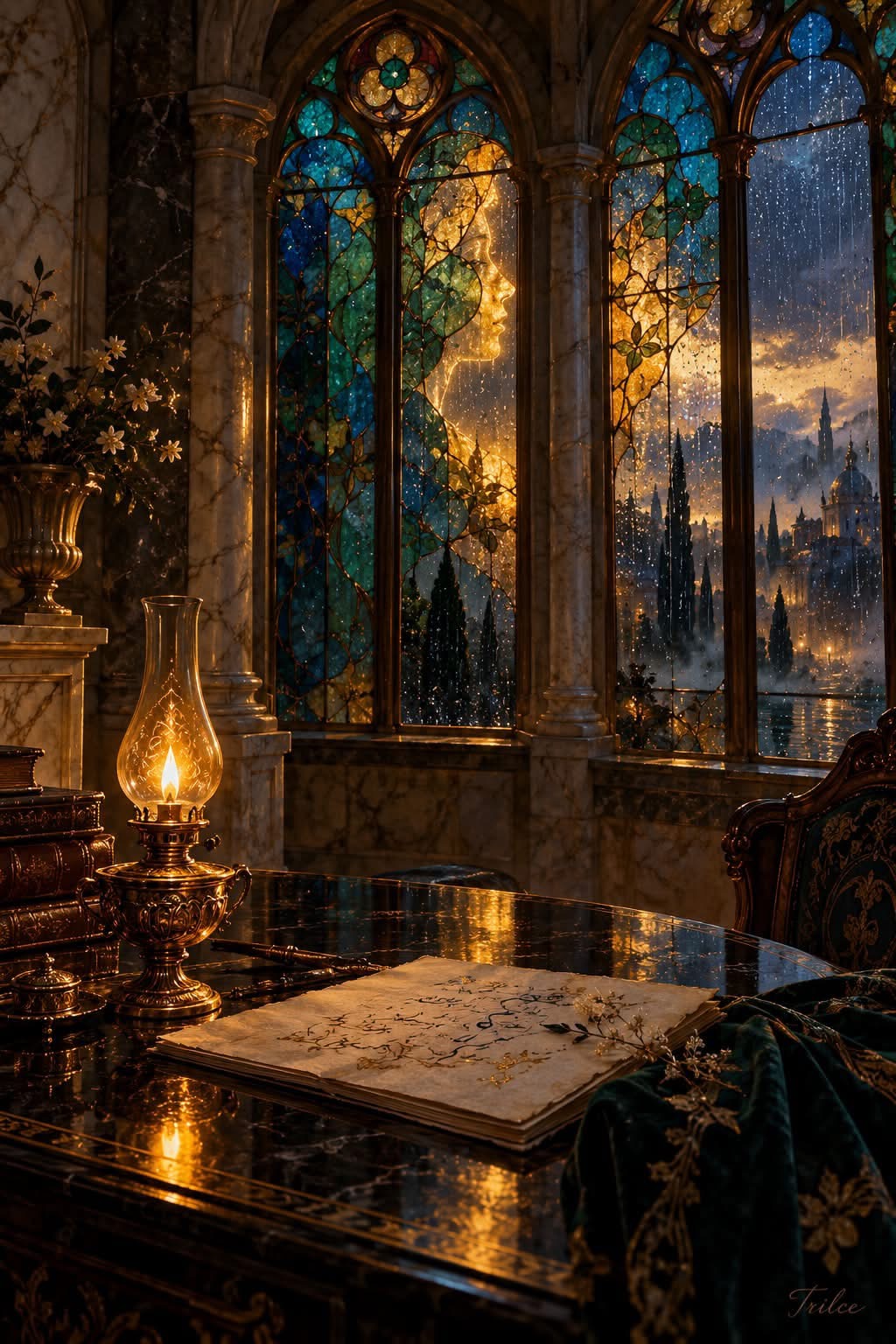 Una lámpara ilumina un manuscrito frente a vitrales azules, verdes y dorados bajo la lluvia