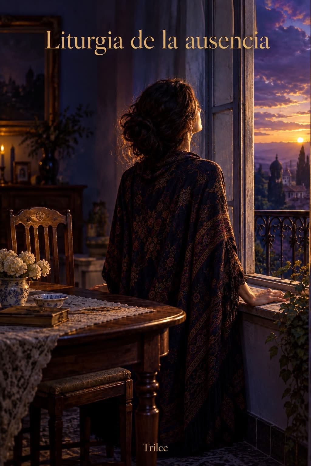 Una mujer contempla el atardecer desde una ventana abierta, junto a una mesa con flores, libros y una taza
