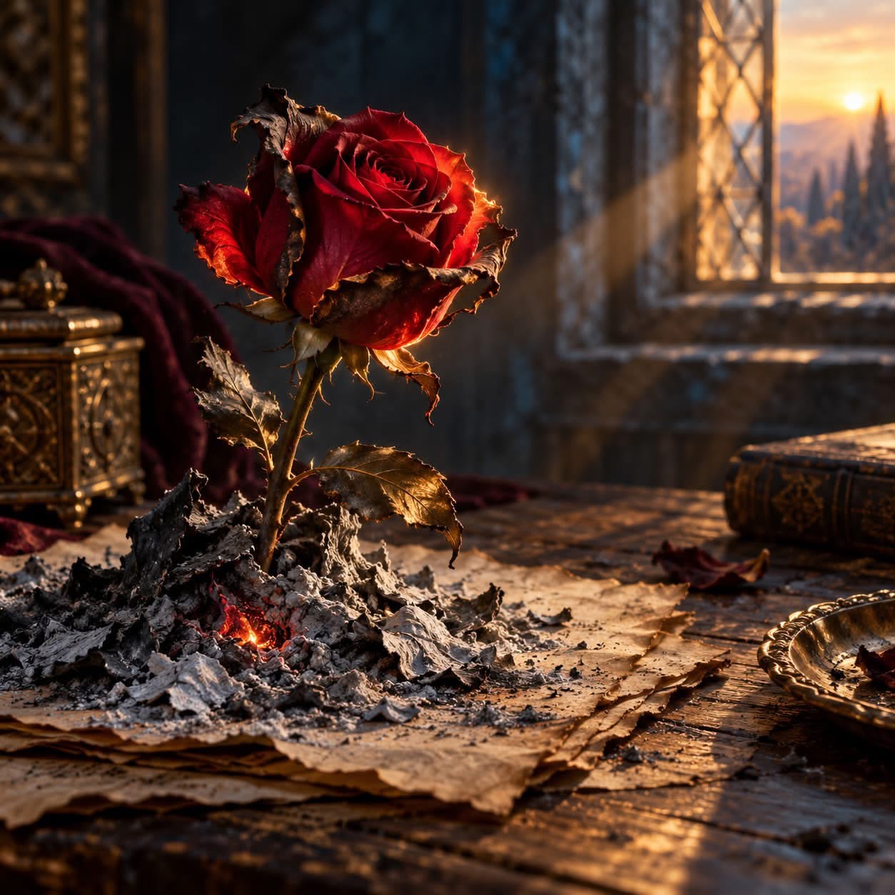 Una rosa roja emerge entre cenizas y brasas sobre un manuscrito iluminado por el sol de una ventana