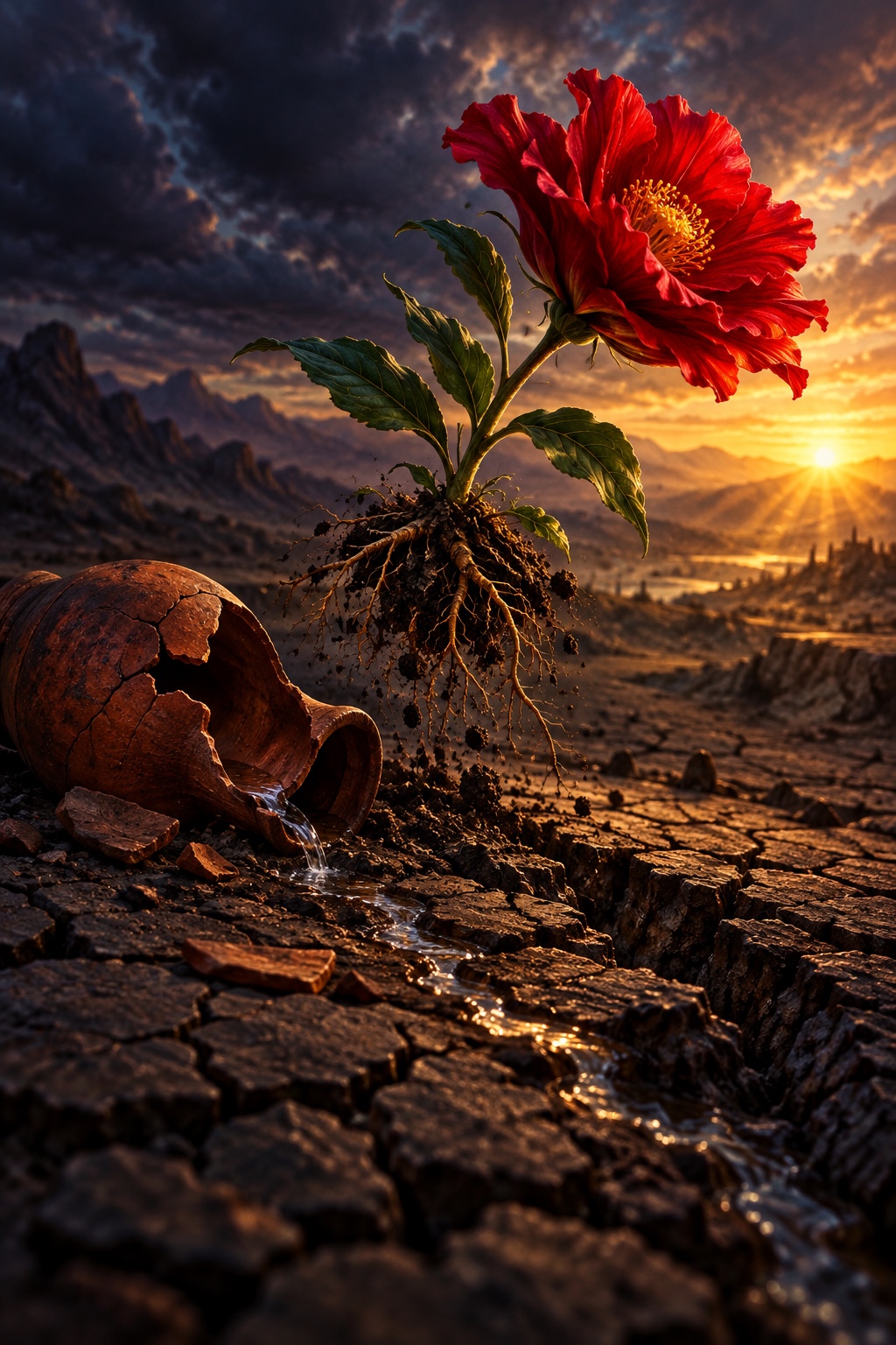 Una flor roja con raíces expuestas sobre tierra agrietada, junto a un cántaro roto y bajo un cielo de atardecer