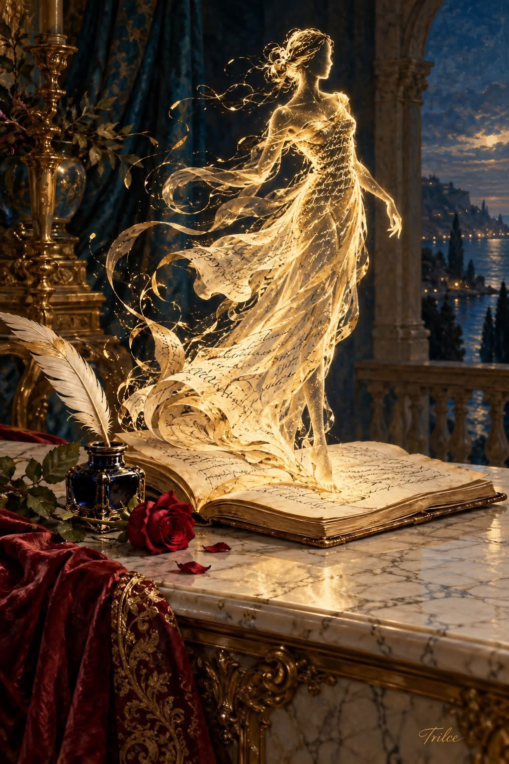 Una figura femenina luminosa hecha de letras y páginas surge de un libro abierto junto a una pluma y una rosa roja