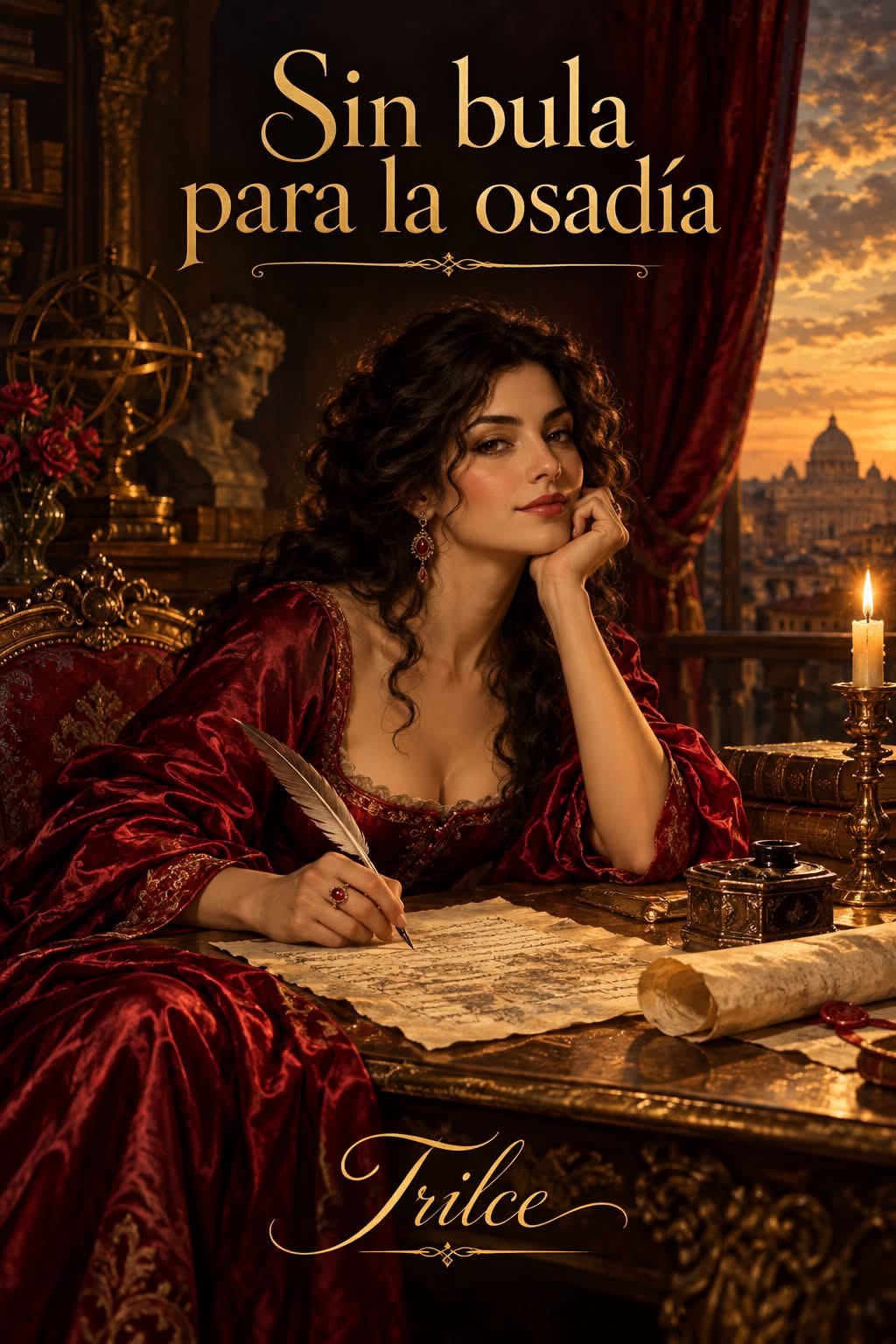 Una mujer vestida de rojo escribe con una pluma junto a libros y una vela, bajo el título Sin bula para la osadía