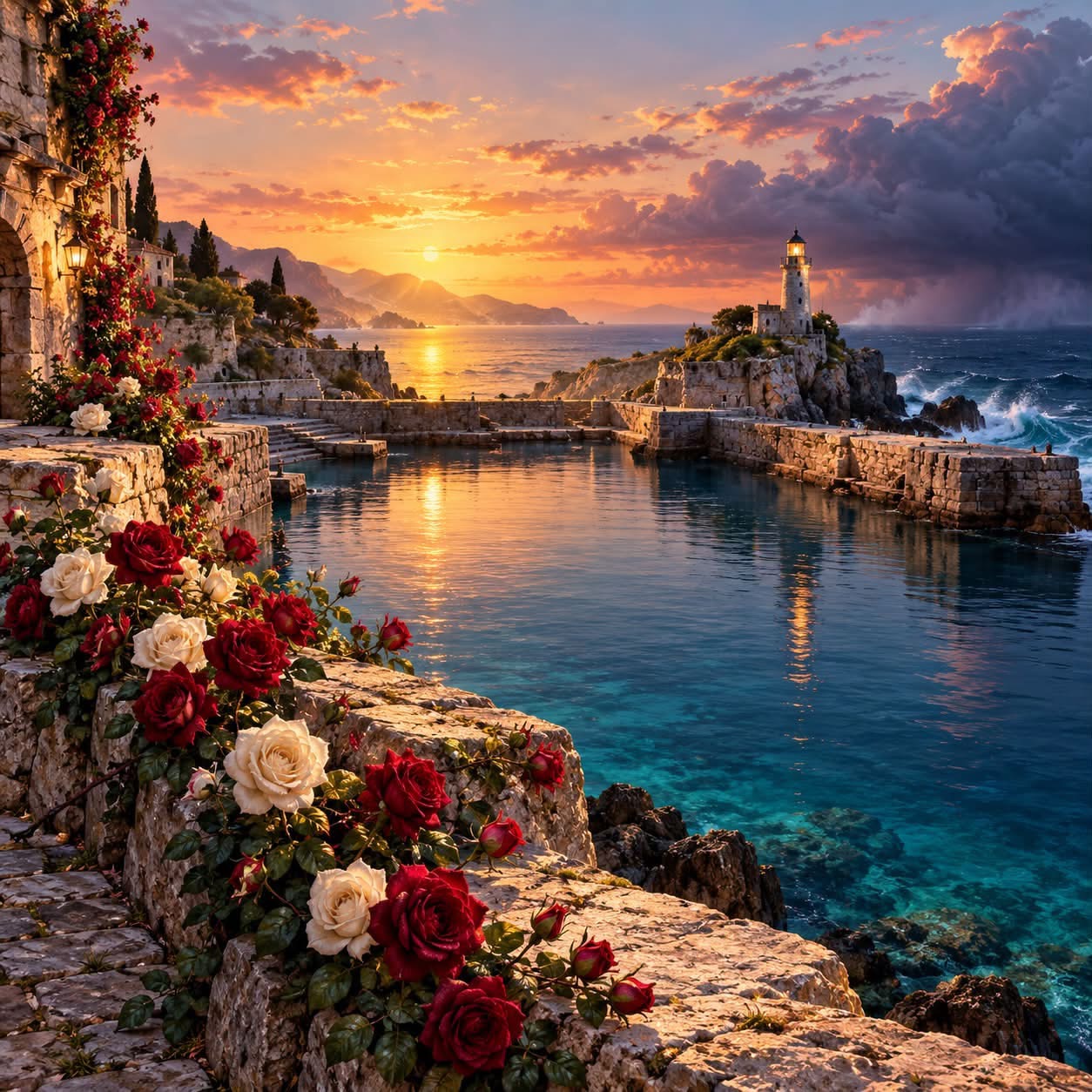 Rosas rojas y blancas sobre muros de piedra junto al mar, con un faro al atardecer