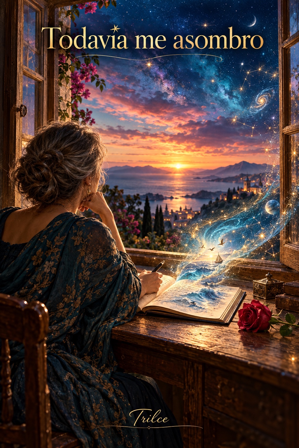 Una mujer escribe junto a una ventana abierta al mar y a un cielo estrellado; un universo luminoso surge de su cuaderno